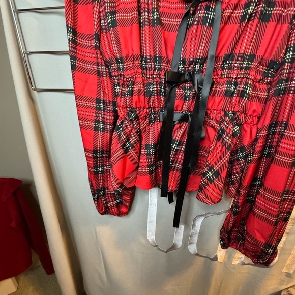 NWOT Red Plaid Blouse with Black Bow Accents - Picture 3 of 4